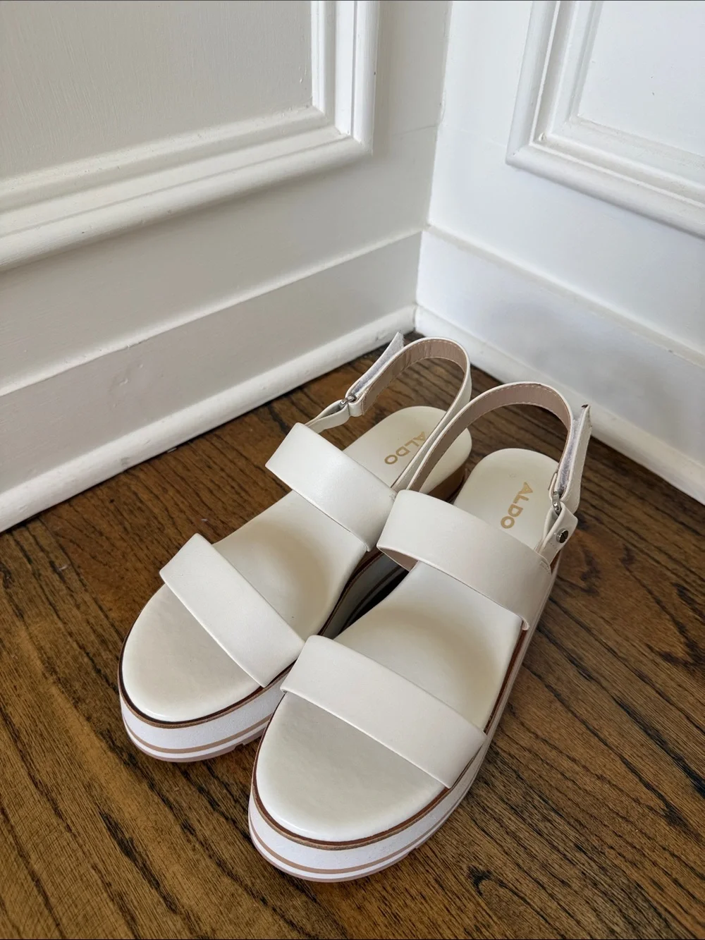 Aldo White Platform Slingback Sandals with Tan Trim